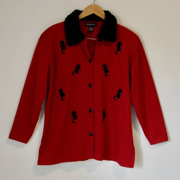 Red Knit Cardigan Sweater Jacket Faux Fur Collar Black Cats Size Medium Large XL - Picture 1 of 11